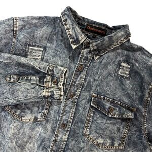 Denim & Rivets Mens Large Acid Wash Distressed Denim Button Down Shirt Blue L